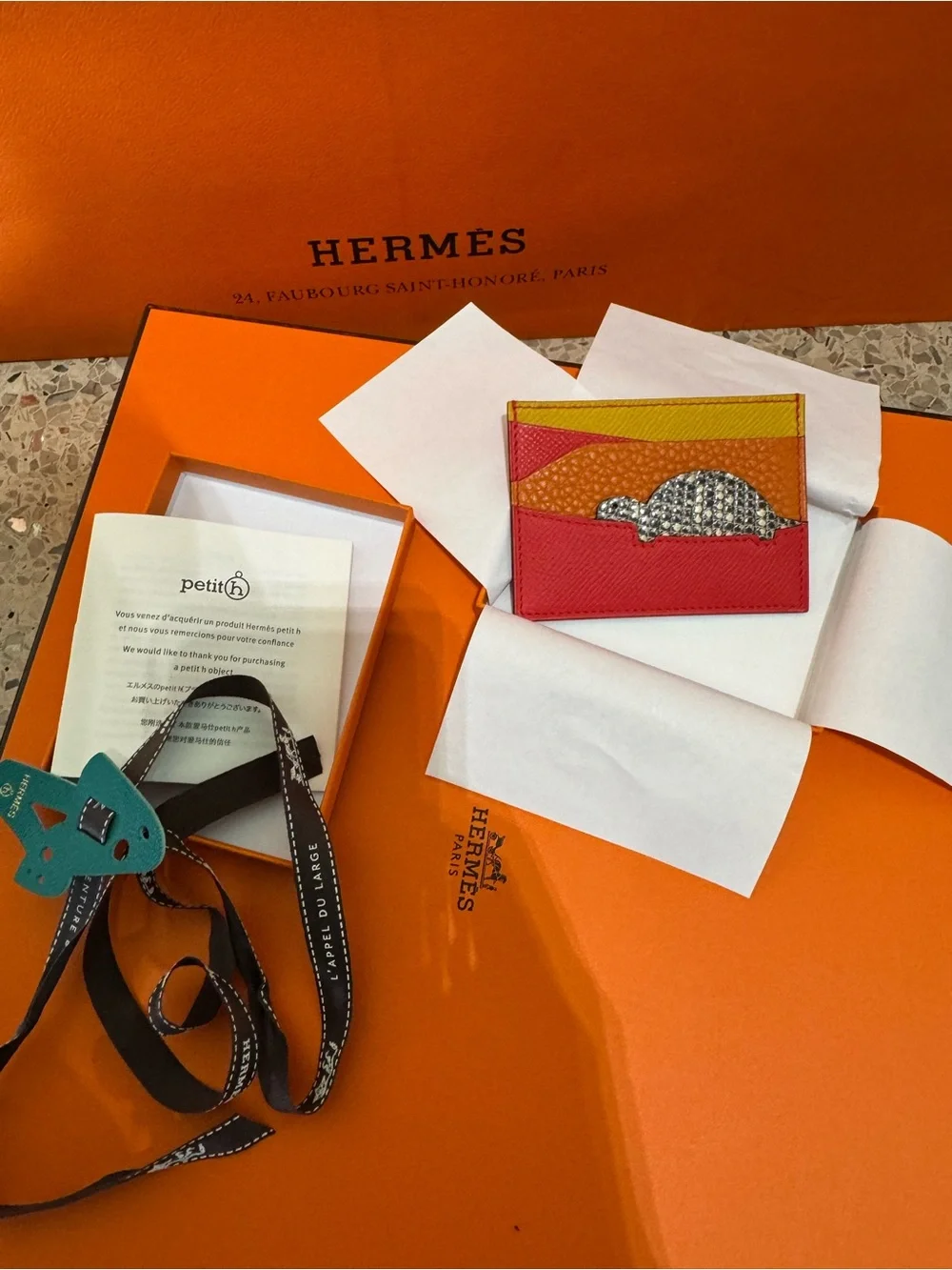 ‘26 Hermes Petit h - Slim card holder - Turtle / Sunset Design - Lizard / Togo